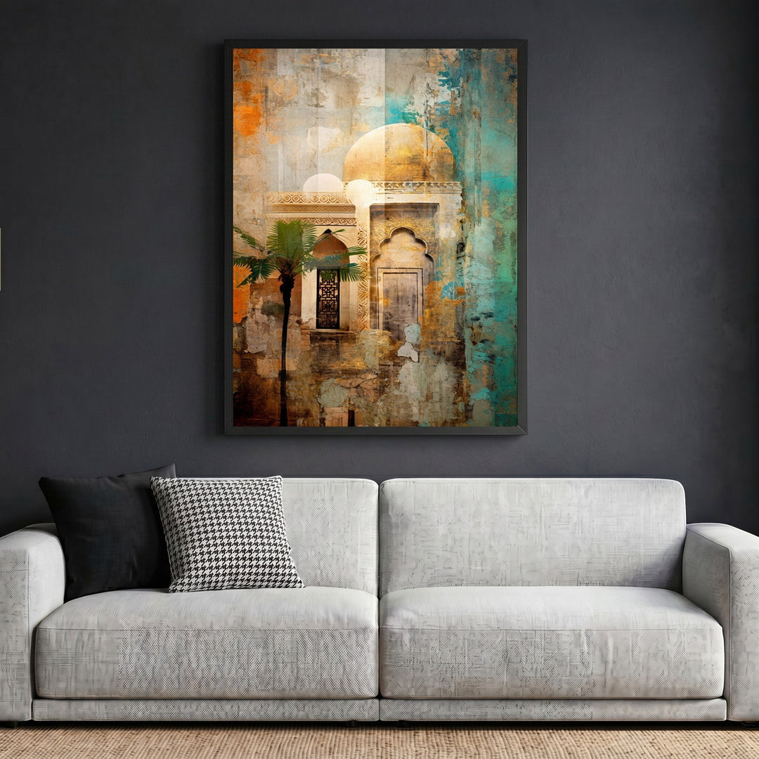 Wadi Home abstract architectural wall art print featuring a domed building in teal and orange, framed above a sofa.