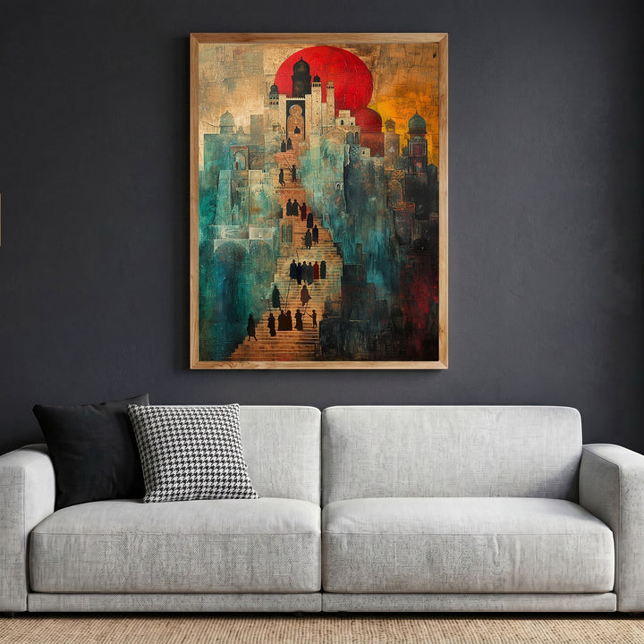 Wadi Home abstract architectural wall art print featuring a surreal cityscape with a crimson sun in a modern living room