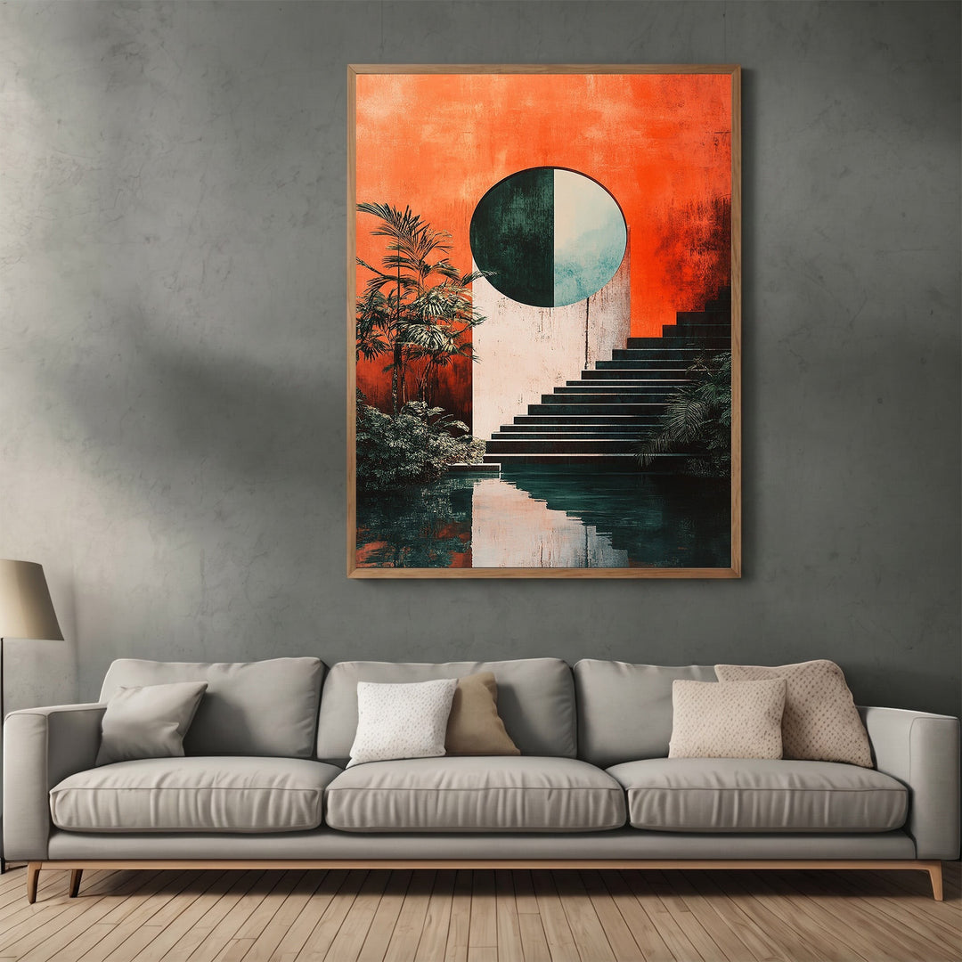 Wadi Home abstract architectural wall art print featuring a vibrant orange backdrop, geometric staircase, and circle.