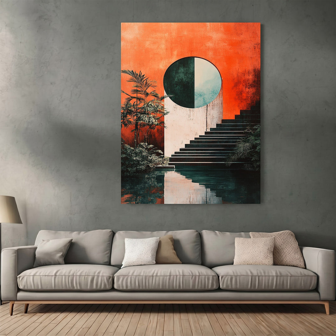 Wadi Home abstract architectural wall art print featuring a vibrant orange backdrop, geometric staircase, and pool.