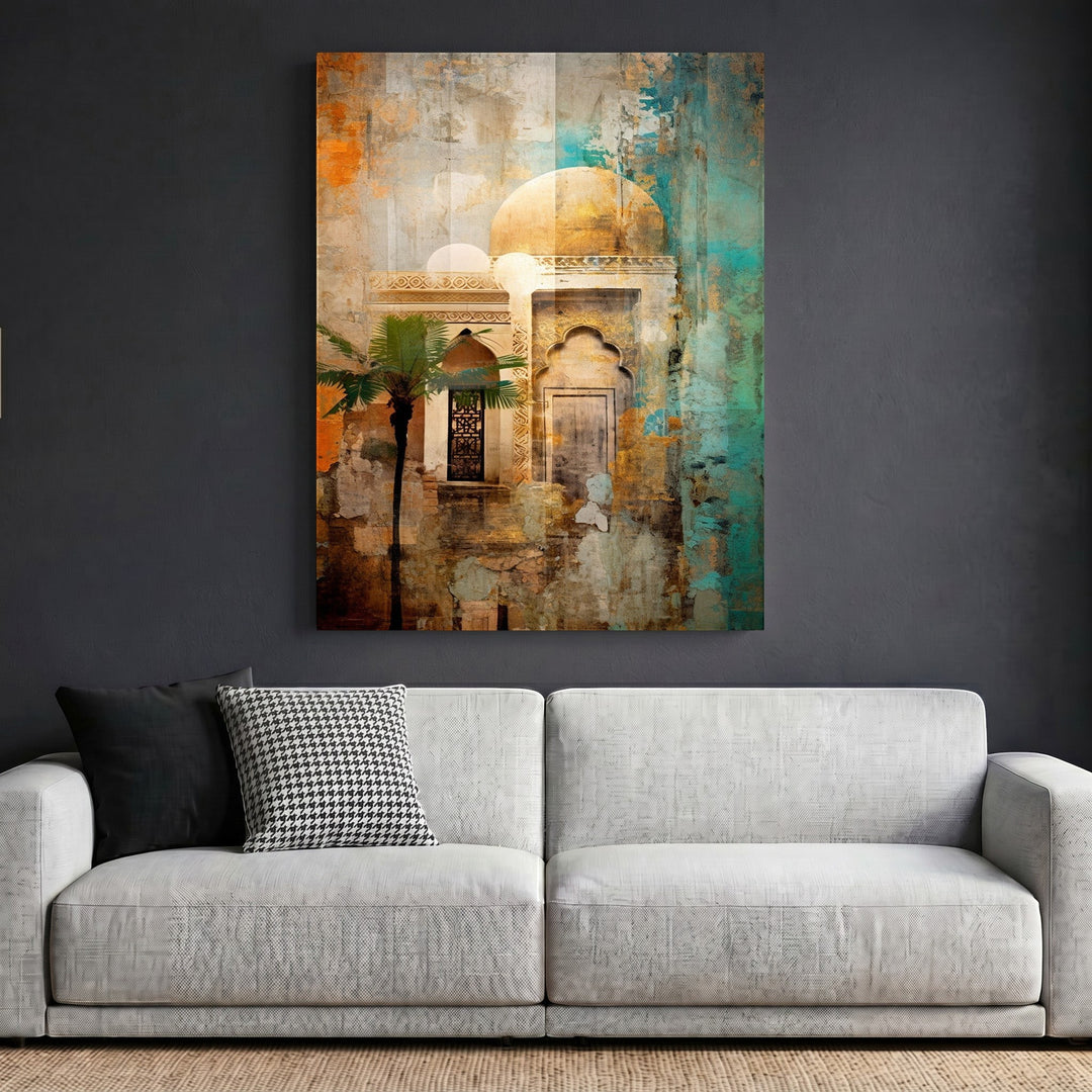 Wadi Home abstract architectural wall art print featuring a domed building with teal and orange distressed textures.