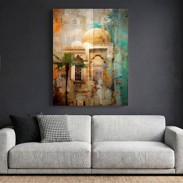 Wadi Home abstract architectural wall art print featuring a domed building with teal and orange distressed textures.