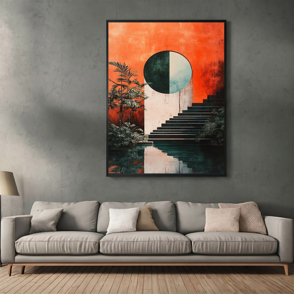 Wadi Home abstract architectural wall art print featuring a vibrant orange backdrop, geometric staircase, and circular motif.