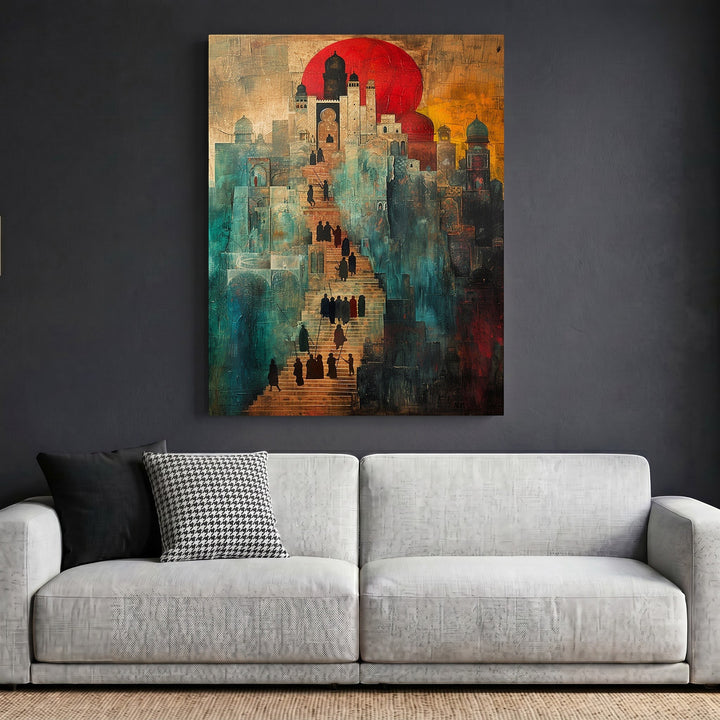 Wadi Home abstract architectural wall art print featuring a surreal cityscape with a crimson sun above a modern sofa.