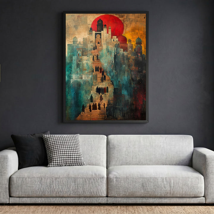 Wadi Home abstract architectural wall art print featuring a surreal cityscape with a crimson sun above a modern sofa.