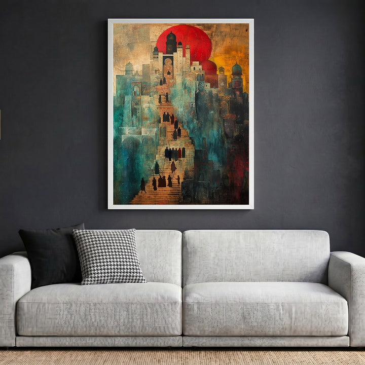 Wadi Home abstract architectural wall art print featuring a surreal cityscape with a crimson sun above a modern sofa.