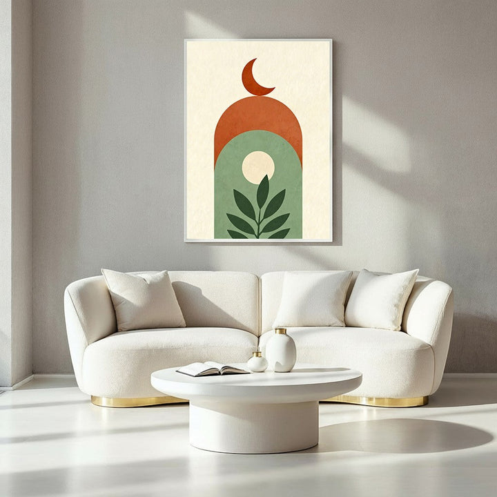 Wadi Home abstract archway botanical moon wall art in rust, sage green, and cream. Modern bohemian style.