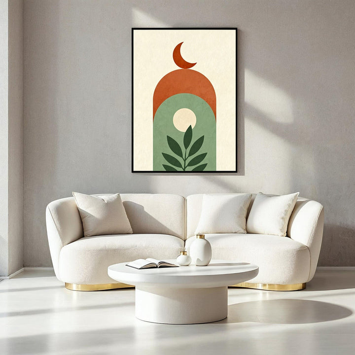 Wadi Home abstract archway botanical moon wall art in rust, sage green, and cream. Minimalist modern bohemian style.