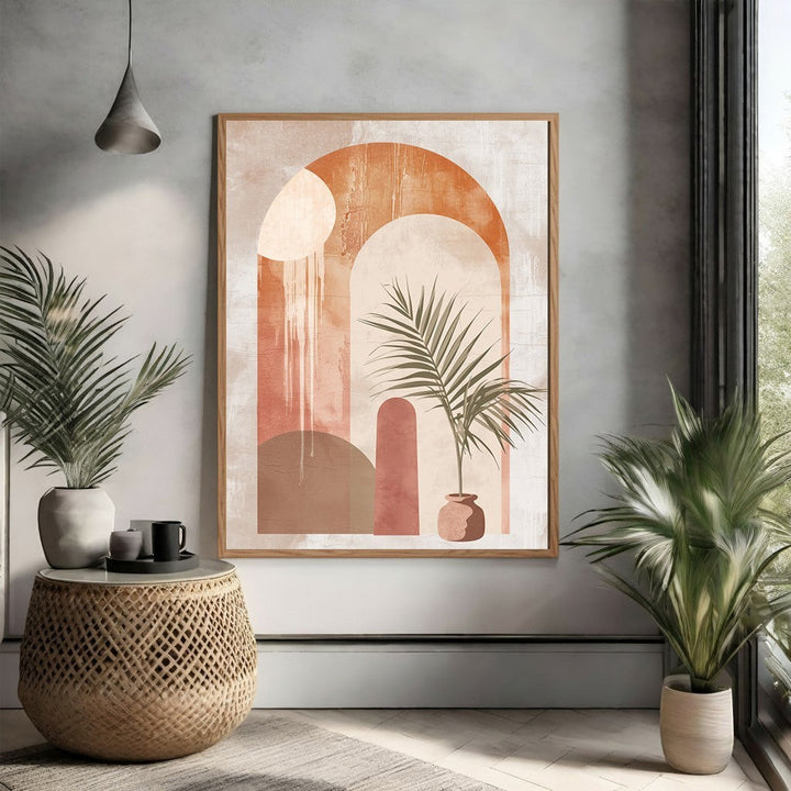 Wadi Home Abstract Archway Botanical Wall Art with terracotta and neutral tones, featuring archways and palm fronds.