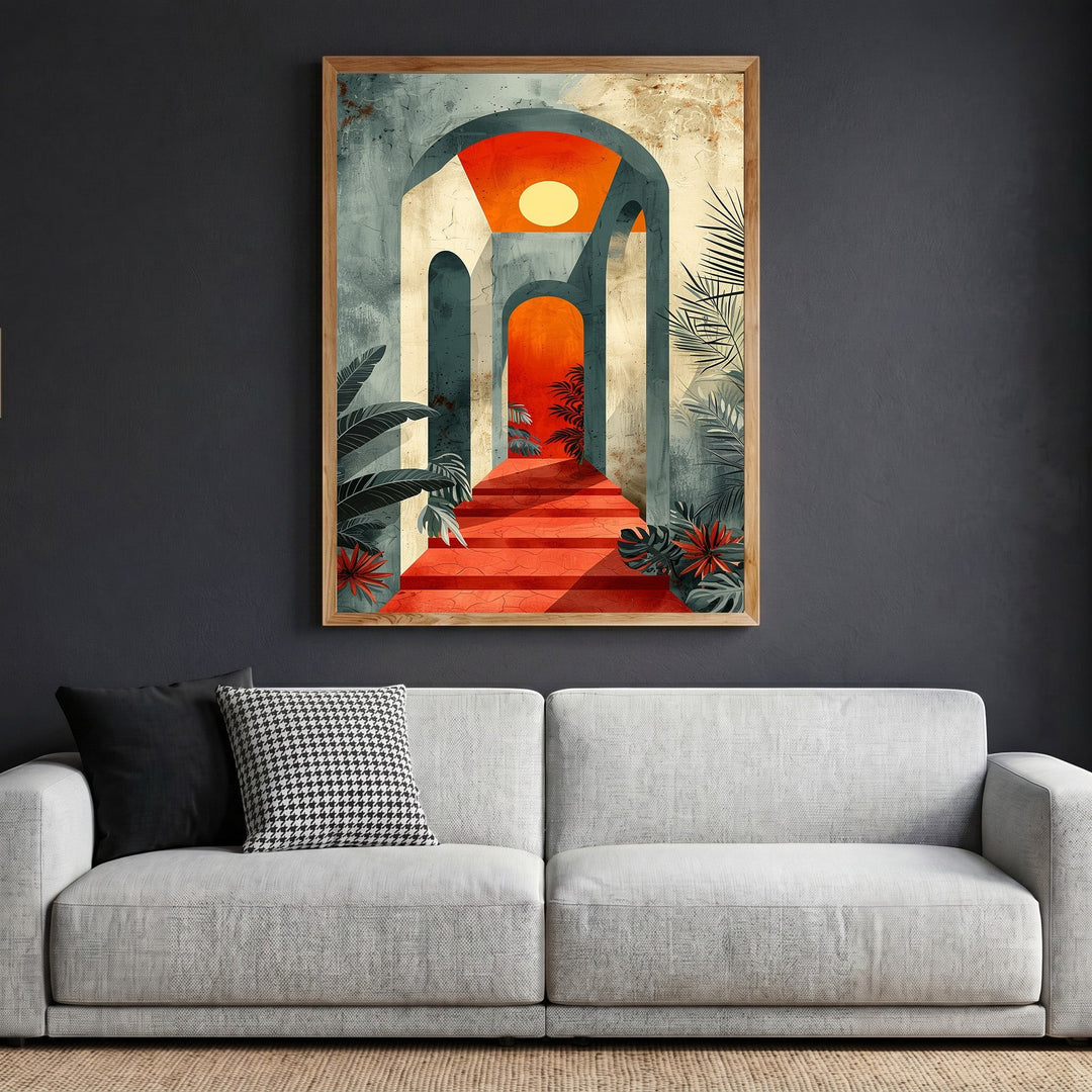 Wadi Home abstract architectural archway wall art in a wooden frame hanging above a modern grey sofa.