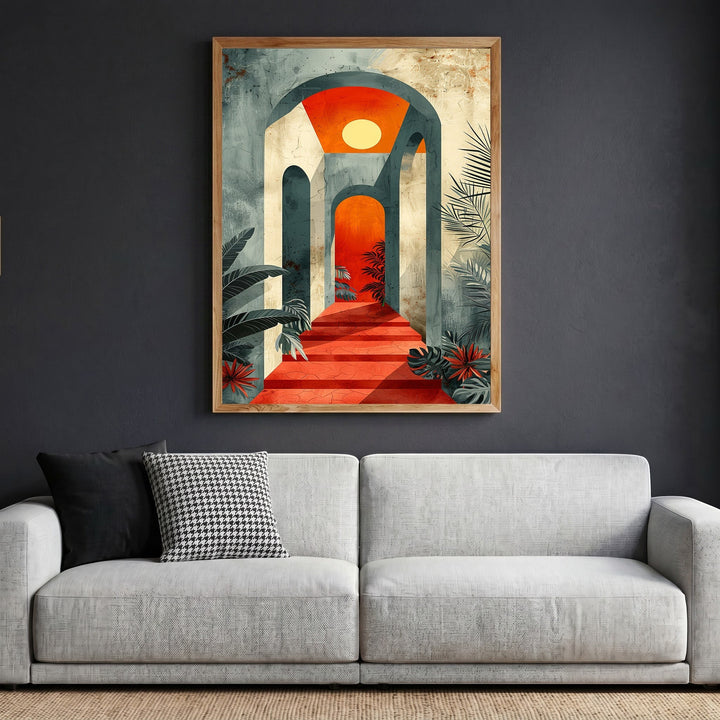 Wadi Home abstract architectural archway wall art in a wooden frame hanging above a modern grey sofa.