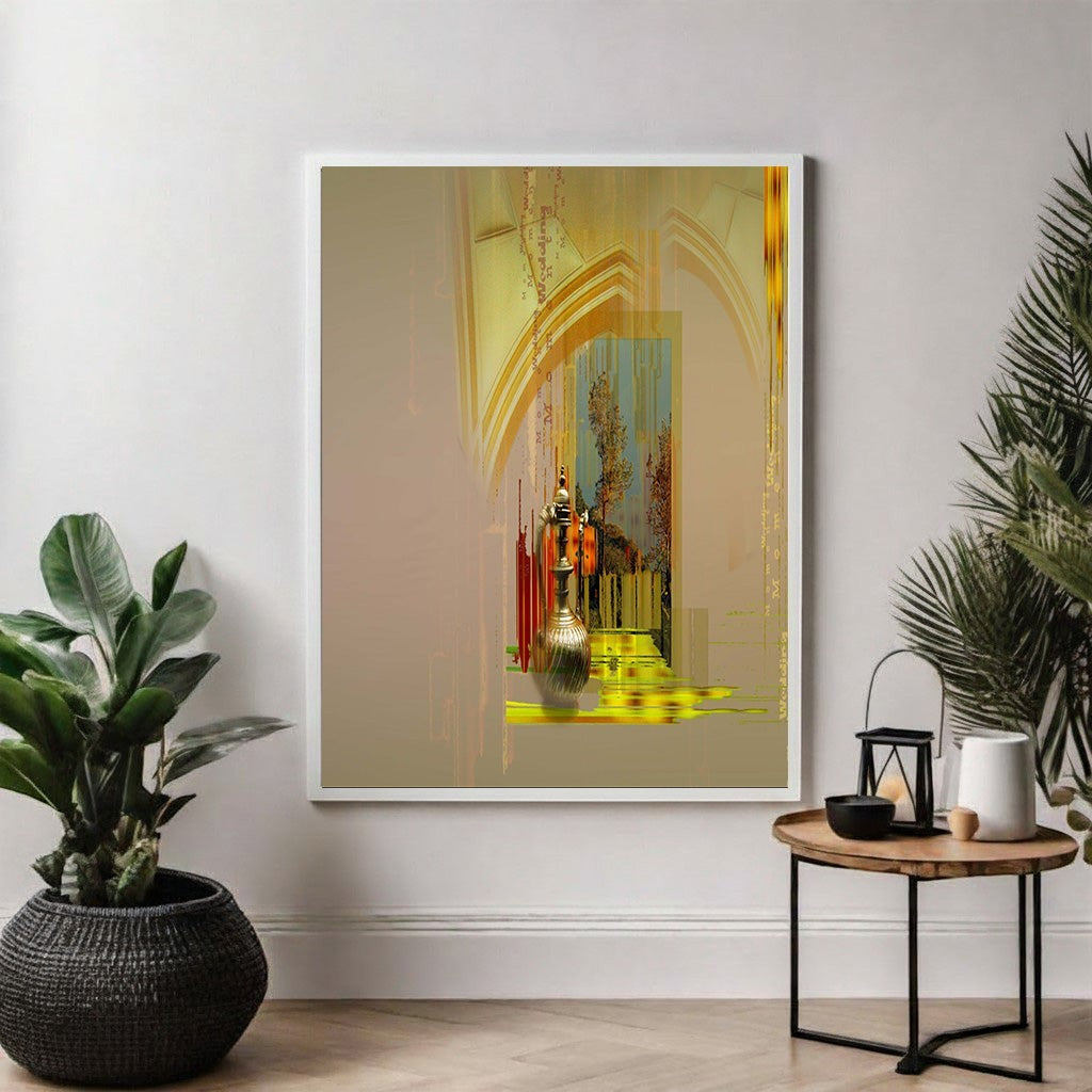 Wadi Home abstract archway art print with golden accents, featuring architectural elements and shimmering metallic details in warm neutral tones.