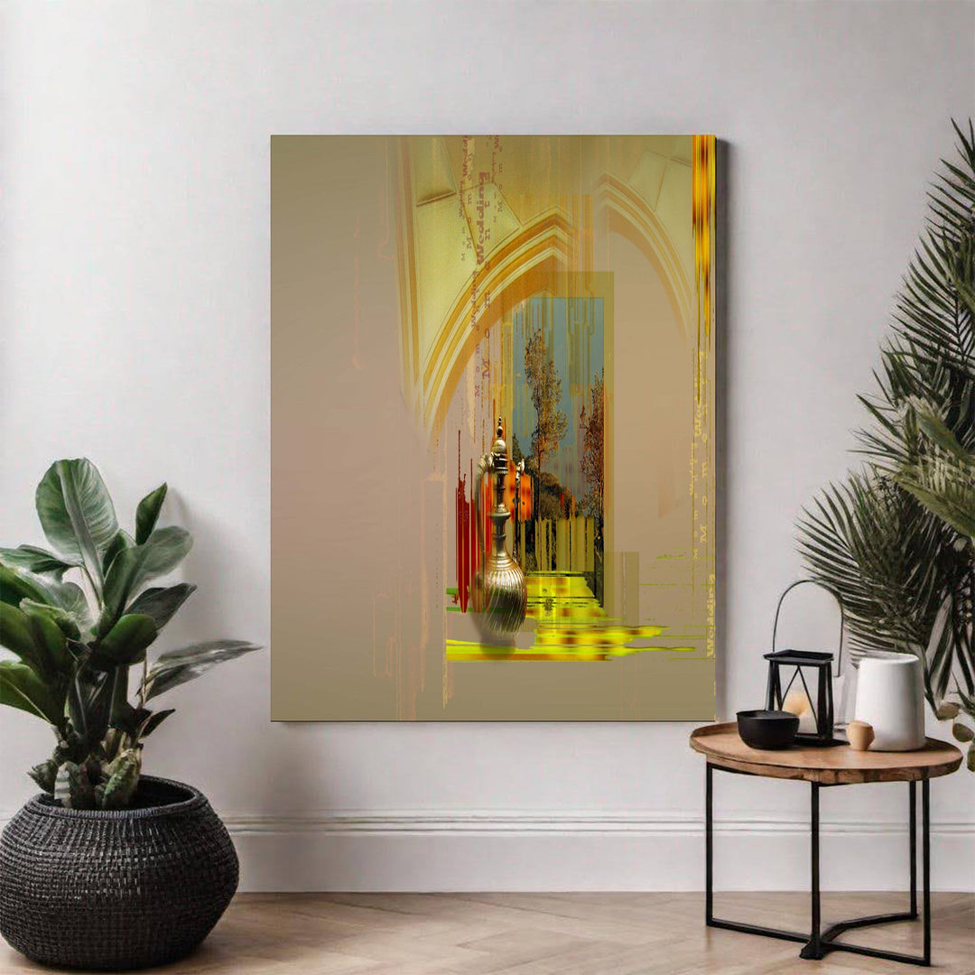 Wadi Home abstract archway art print with golden accents and warm neutral tones, depicting architectural elements and shimmering metallic details.