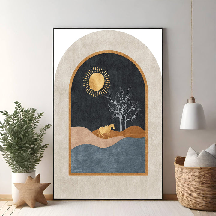 Wadi Home abstract archway landscape art with gold sun, horse, tree, and blue water. Earthy tones.