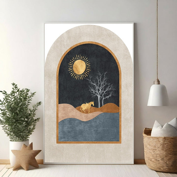 Wadi Home abstract archway landscape art with gold horse, sun, and tree. Earthy tones of blue, tan, and gold.