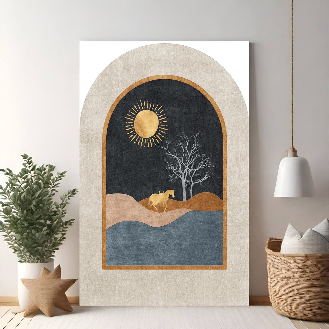 Wadi Home abstract archway landscape print with gold horse, sun, tree, and blue water. Earthy tones.