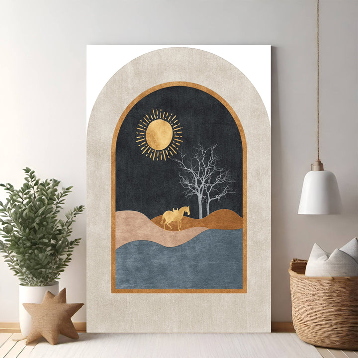 Wadi Home abstract archway landscape print with gold horse, sun, tree, and blue water. Earthy tones.