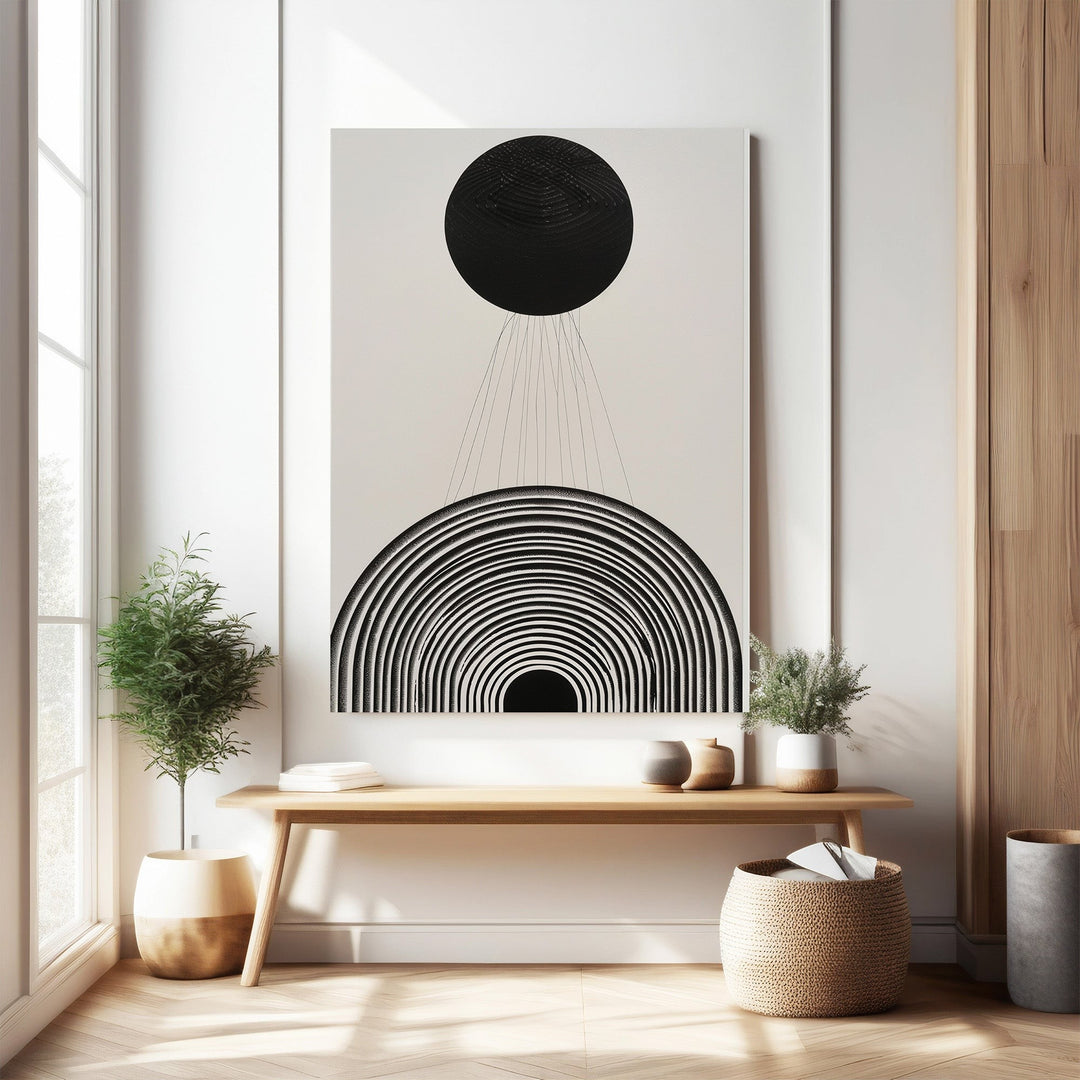 Wadi Home abstract wall art with concentric black arches and a black circle above, minimalist design.