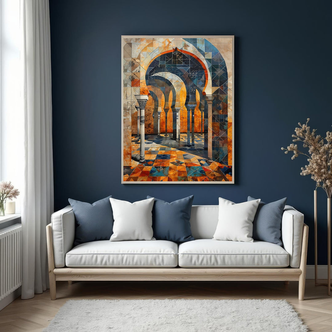 Wadi Home abstract archway wall art with geometric Moorish architecture in warm oranges, blues, and earthy tones.