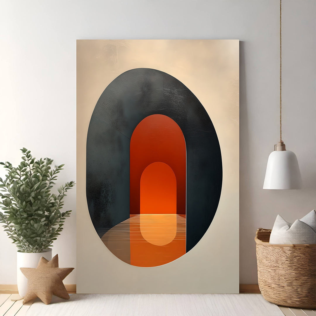 Wadi Home abstract archway wall art with warm orange arches receding into a charcoal oval on a cream background.