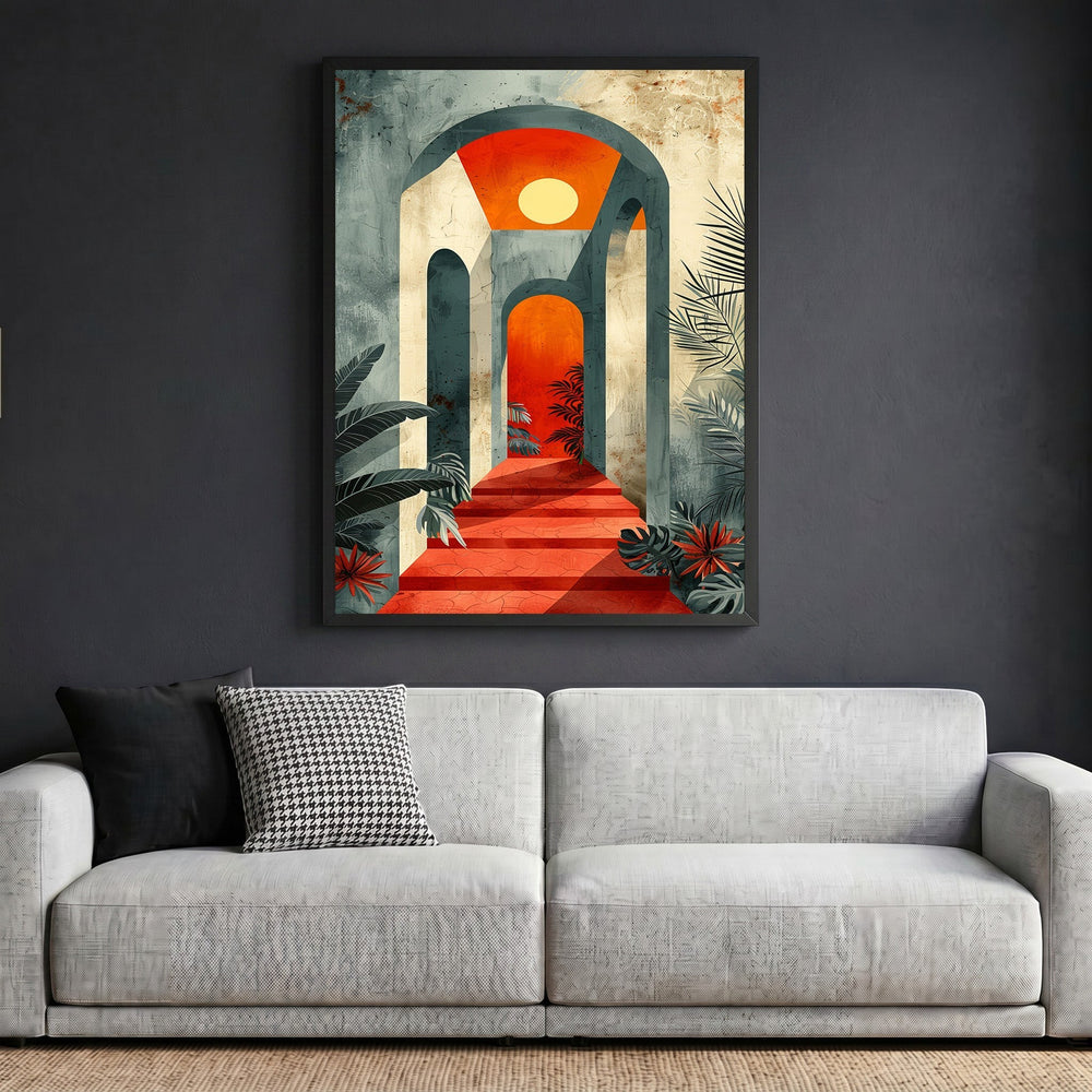Wadi Home abstract architectural archway wall art featuring stone arches, vibrant sunset, and foliage in a black frame.