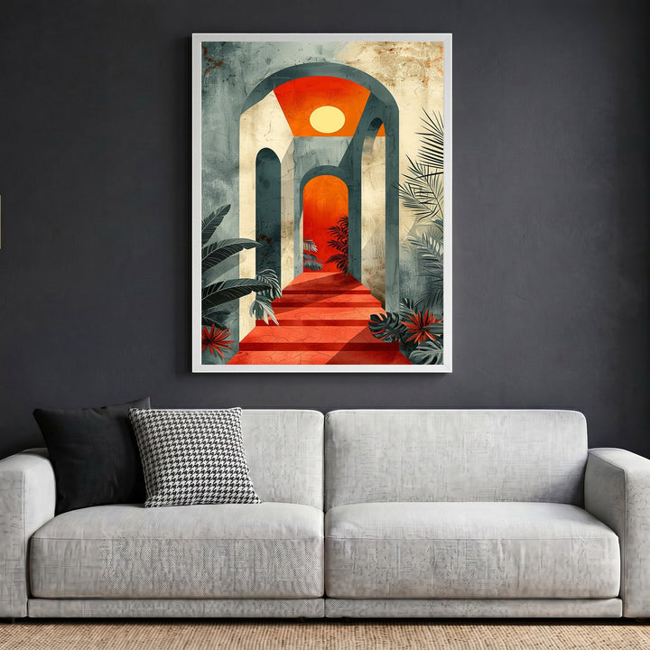 Wadi Home abstract architectural archway wall art print featuring sun-drenched Mediterranean stone arches and foliage.