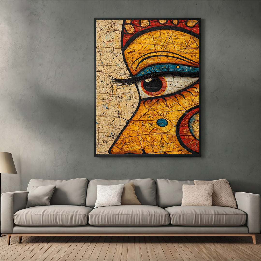 Wadi Home abstract artistic framed wall art featuring a vibrant yellow stylized eye portrait on a grey living room wall