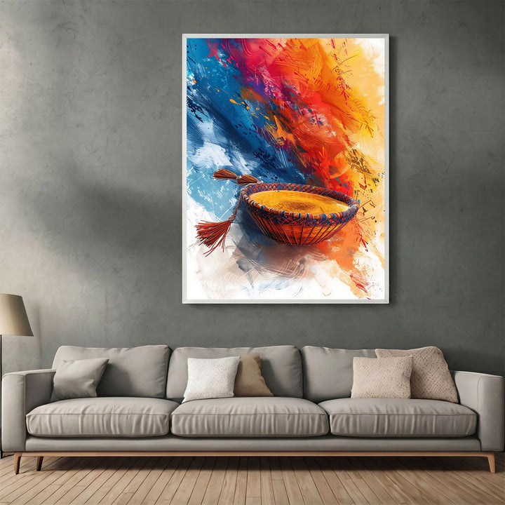 Wadi Home abstract wall art print featuring a woven basket with tassels against a vibrant blue, red, and yellow background