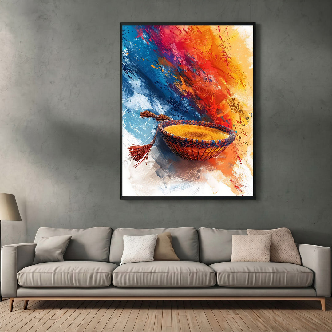 Wadi Home abstract wall art print featuring a woven basket with tassels against a vibrant blue, red, and yellow background
