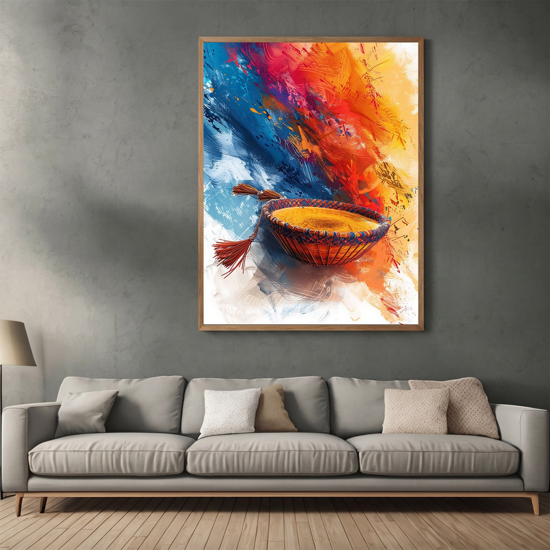 Wadi Home abstract wall art print featuring a woven basket with tassels against a vibrant blue, red, and yellow background