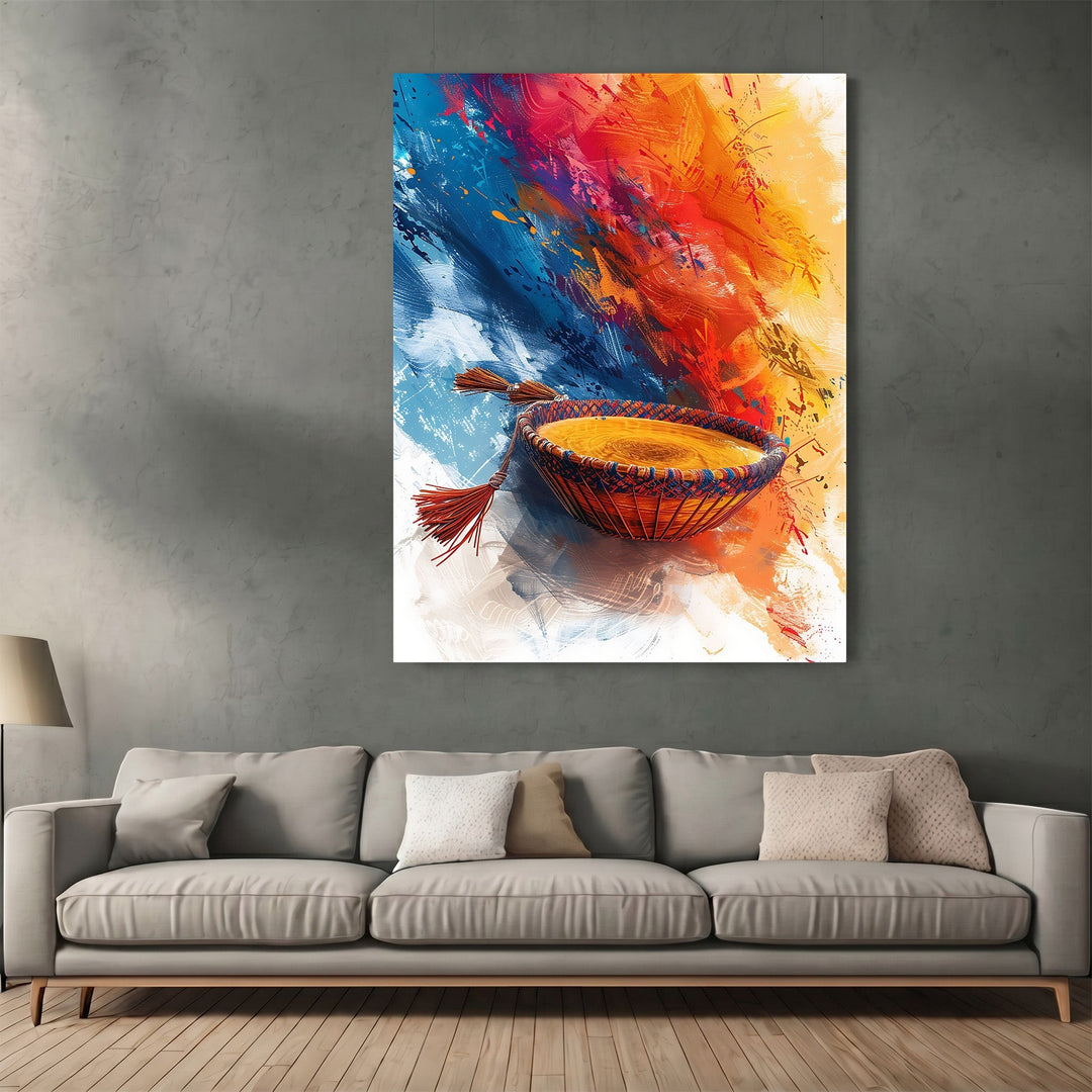 Wadi Home abstract wall art print featuring a woven basket with tassels against a vibrant blue, red, and yellow background