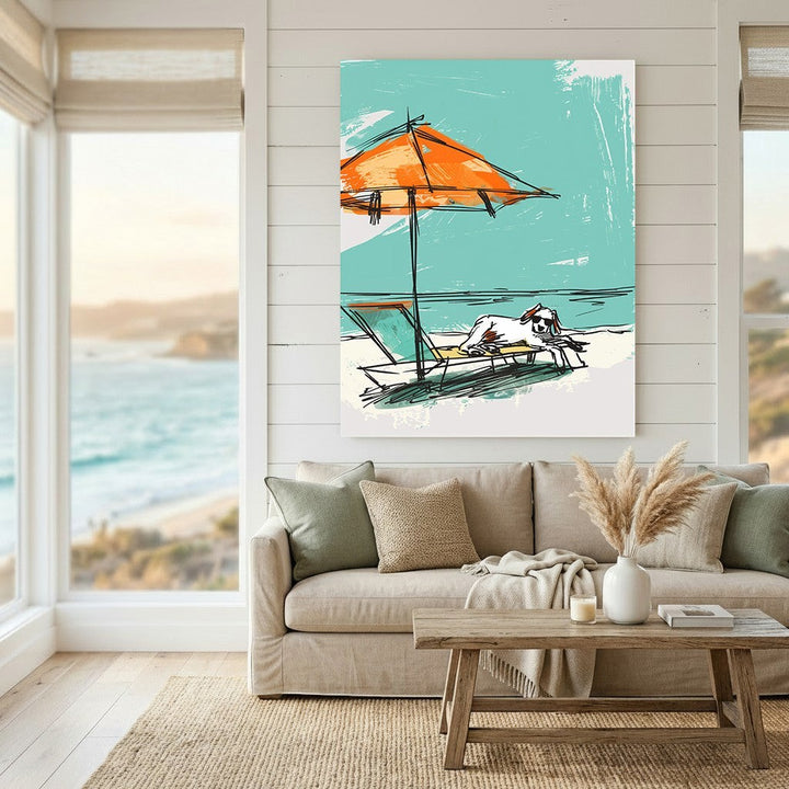 Wadi Home abstract beach wall art featuring a dog under an orange umbrella, displayed in a coastal living room.