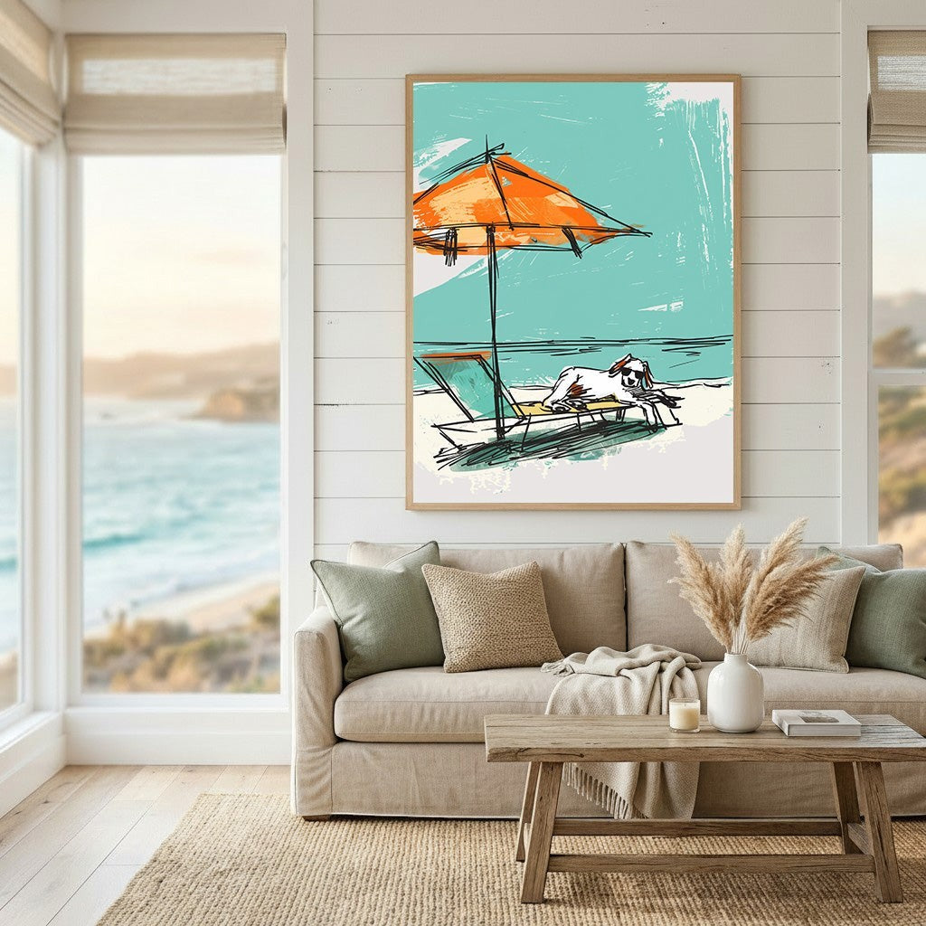 Wadi Home abstract beach scene wall art featuring a dog under an orange umbrella in a coastal living room setting.