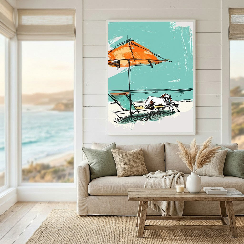 Wadi Home framed abstract beach art print featuring a dog under an orange umbrella in a coastal living room.