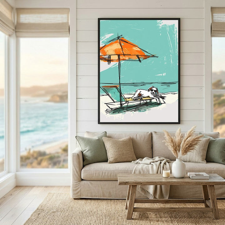 Wadi Home abstract beach wall art featuring a dog under an orange umbrella, displayed in a modern coastal living room.