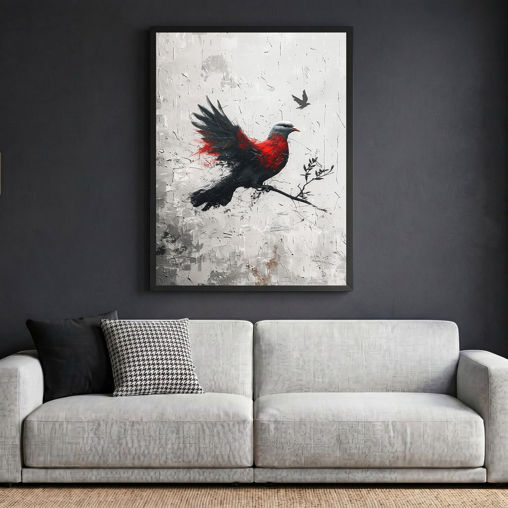 Wadi Home abstract bird wall art featuring a red and black bird on a textured canvas in a sleek black frame.