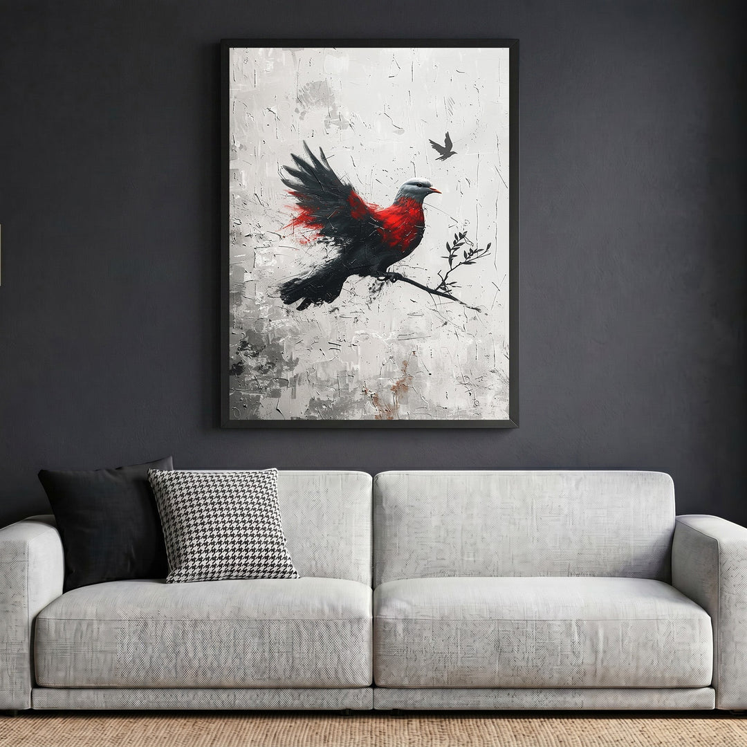 Wadi Home abstract bird wall art featuring a red and black bird on a textured canvas in a sleek black frame.
