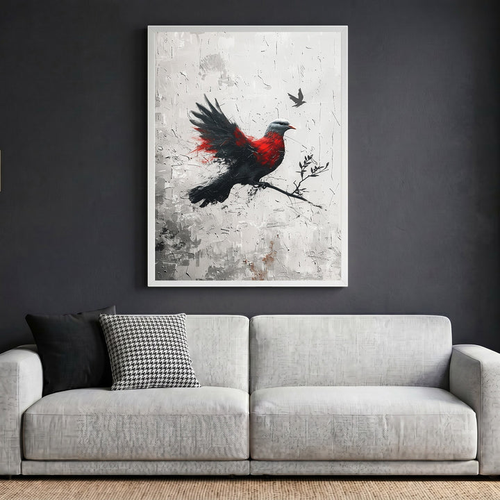 Wadi Home abstract bird wall art featuring a red and black bird in flight on a textured canvas in a white frame.