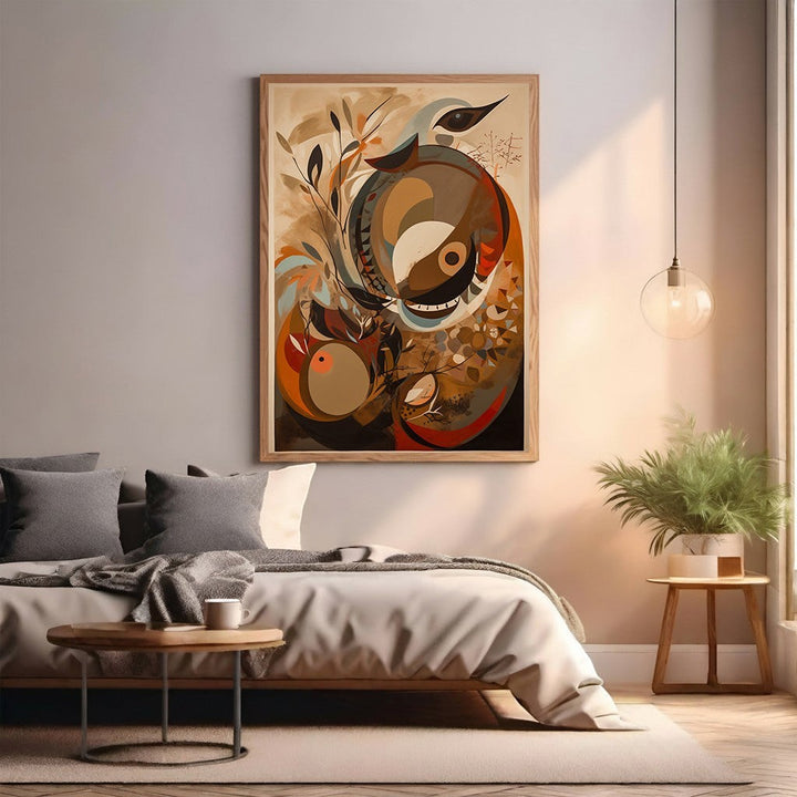 Wadi Home abstract bird and floral art print in earthy tones with vibrant accents, framed in wood.