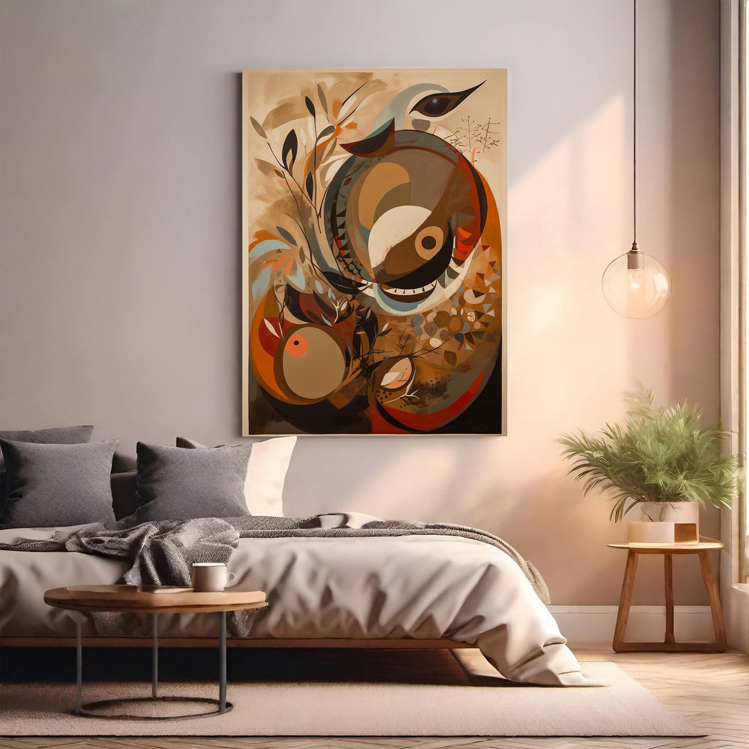 Wadi Home abstract bird and floral art print in earthy tones with vibrant accents, modern artistic design.