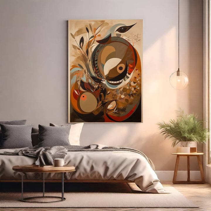 Wadi Home abstract bird and floral art print in earthy tones with vibrant accents, modern artistic design.