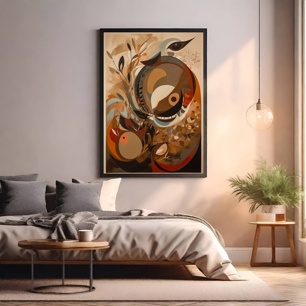 Wadi Home abstract bird and floral art print in earthy tones with vibrant accents, framed in black.