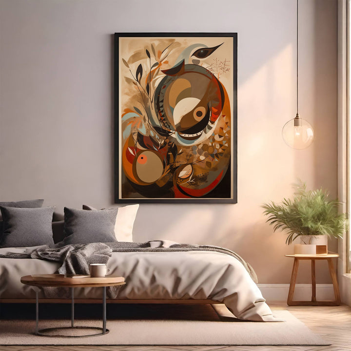 Wadi Home abstract bird and floral art print in earthy tones with vibrant accents, framed in black.