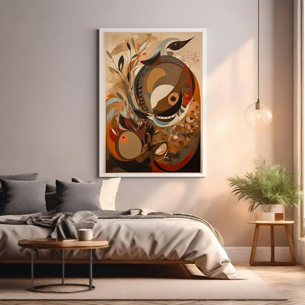 Wadi Home abstract bird and floral art print in earthy tones with vibrant accents, framed in white.
