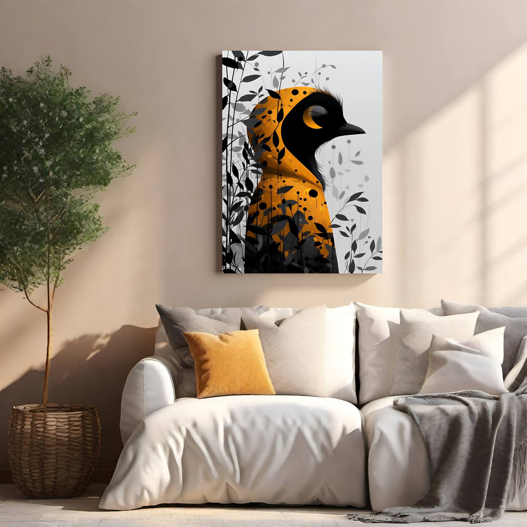 Wadi Home abstract bird wall art in black and vibrant orange with dark foliage detail.
