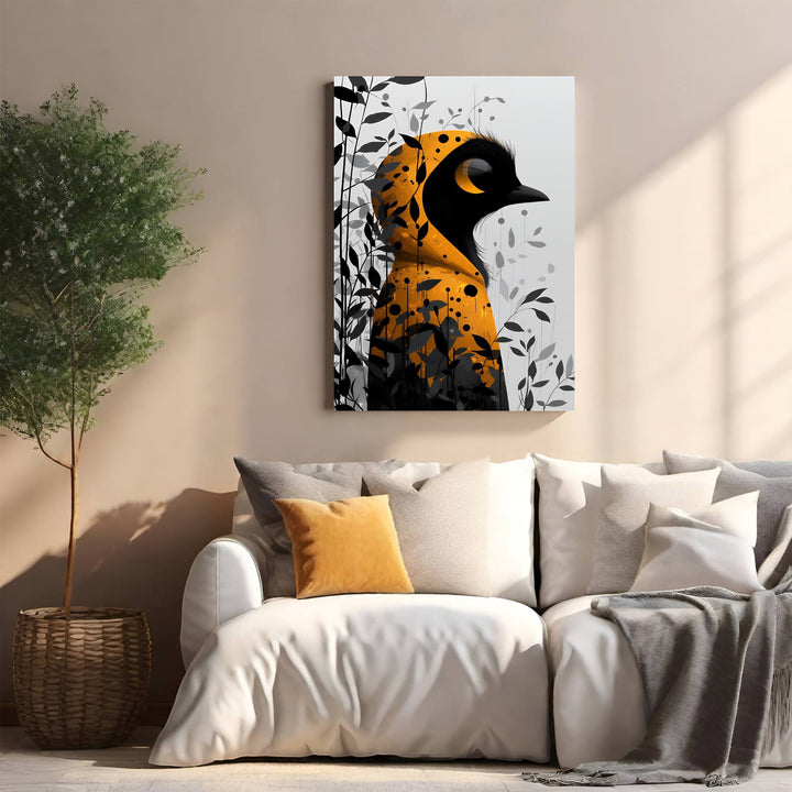 Wadi Home abstract bird wall art in black and vibrant orange with dark foliage detail.
