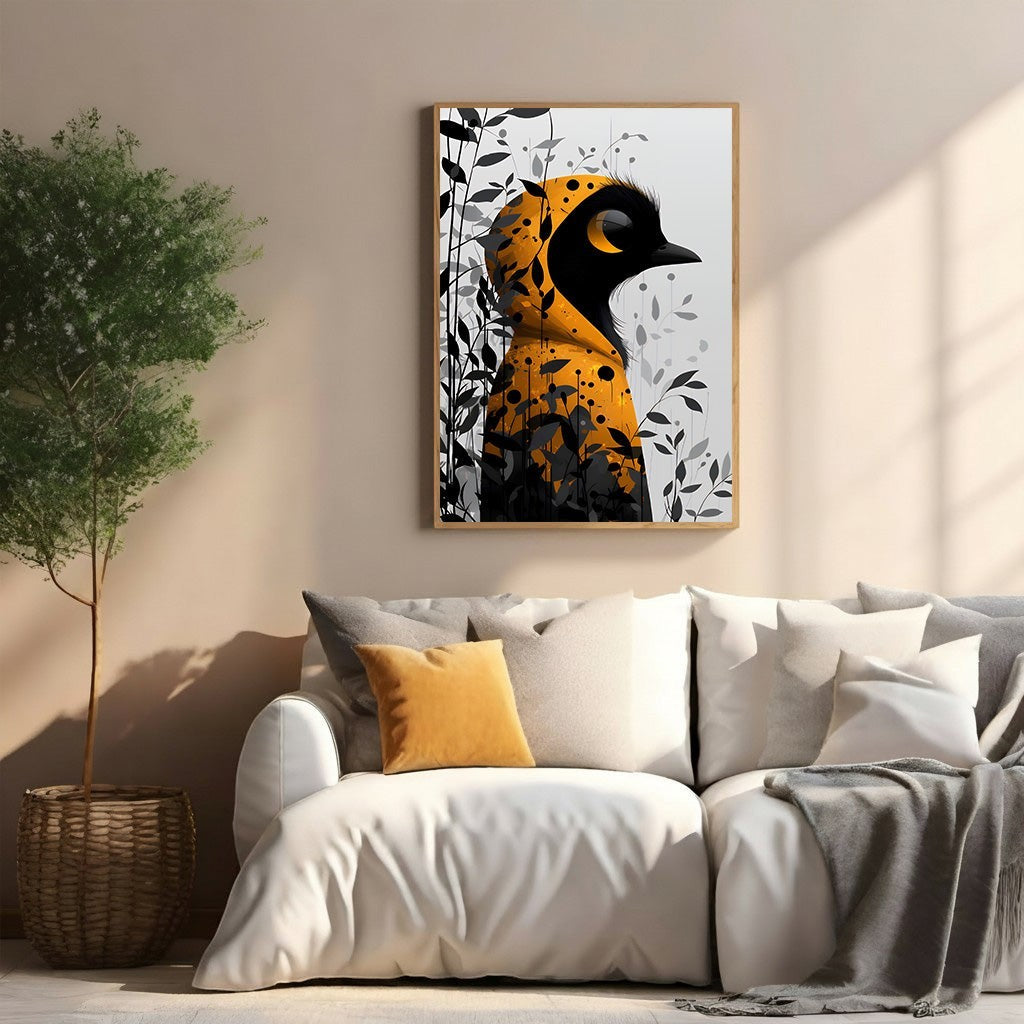 Wadi Home abstract bird wall art with black silhouette and vibrant orange hooded body against dark foliage.