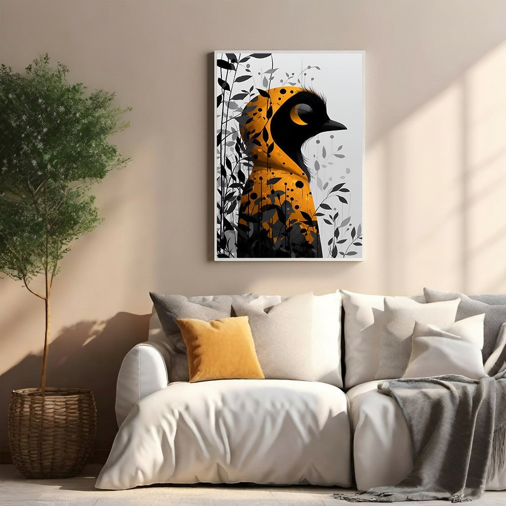 Wadi Home abstract wall art featuring a black bird silhouette with vibrant orange accents and dark foliage details.