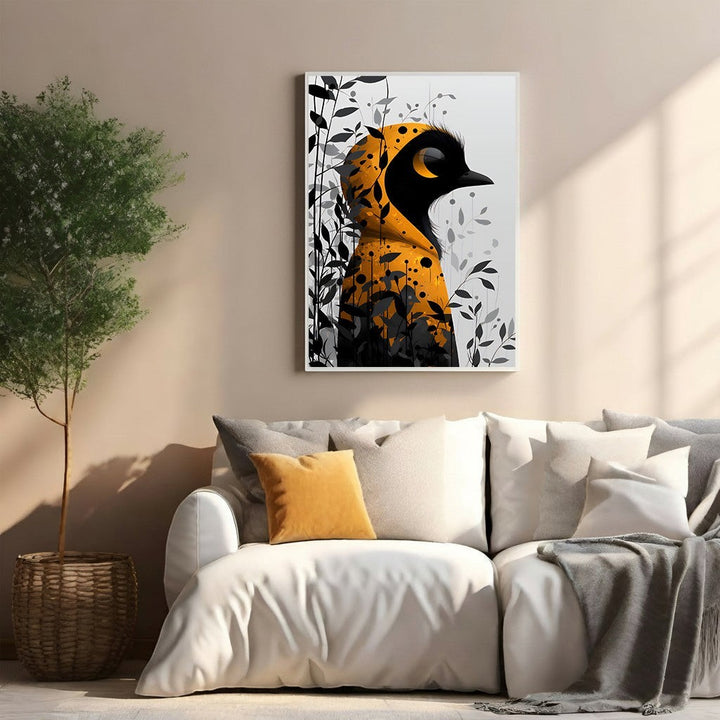 Wadi Home abstract wall art featuring a black bird silhouette with vibrant orange accents and dark foliage details.