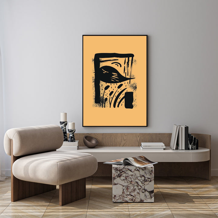 Wadi Home abstract black bird and plant art print on ochre background, modern graphic design.
